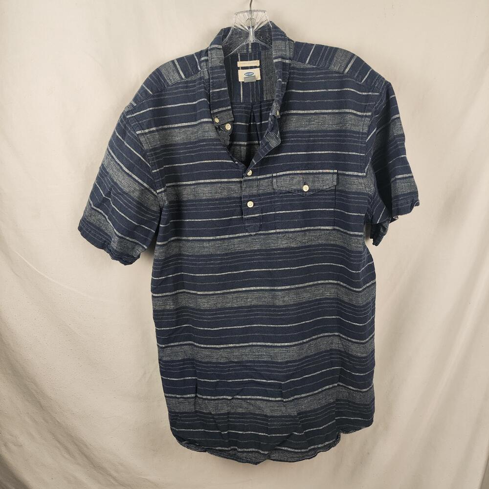 Old Navy Shirt Mens XL Blue Stripe Short Sleeve Popover Band Collar Casual
